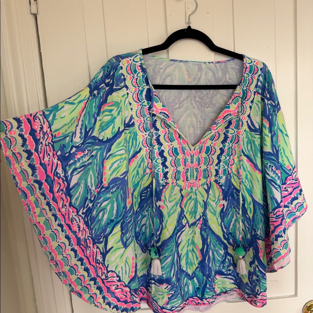 Lilly Pulitzer V-neck kaftan shirt with pom-pom tassels